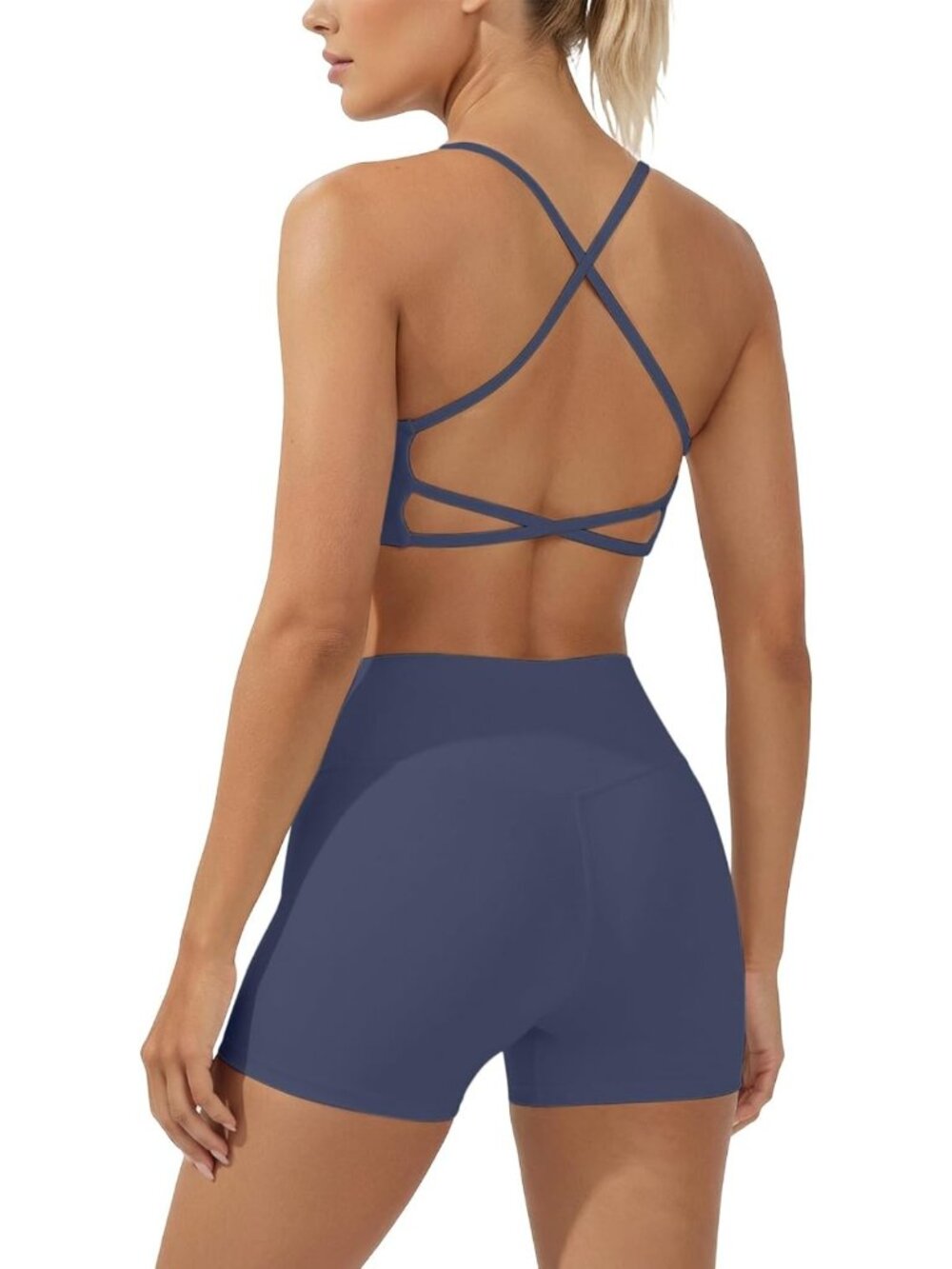 High Waisted Criss Cross Back 2 Piece Workout Set - Butt Lifting Biker Shorts